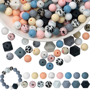 Wholesale BPA Free Mixed Color Custom Print 12mm 15mm Food Grade Jewelry Wood Teething Chew Beads Soft Round Silicone Beads