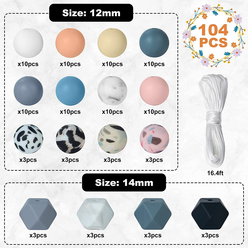 Wholesale BPA Free Mixed Color Custom Print 12mm 15mm Food Grade Jewelry Wood Teething Chew Beads Soft Round Silicone Beads