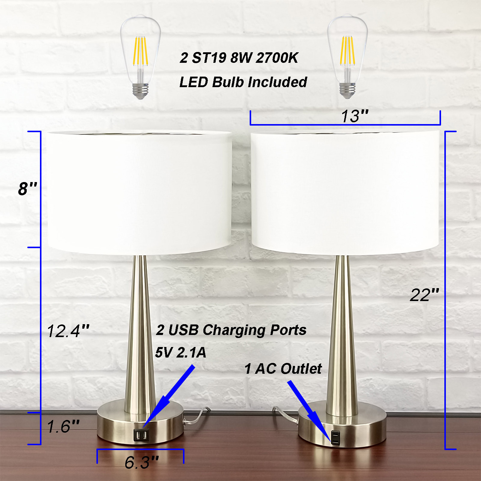 Touch Control Table Lamp 3 Way Dimmable Bedside Desk Lamps with 2 USB Charging Ports & AC Outlets  LED Bulbs Included, Set of 2