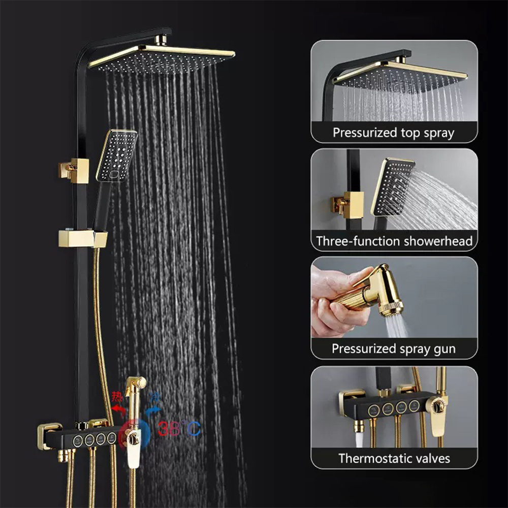 Bathroom Shower System Senducs Square Black Gold Bathtub Mixer Faucet Hot Cold Bathroom Tap Thermostatic Shower Set