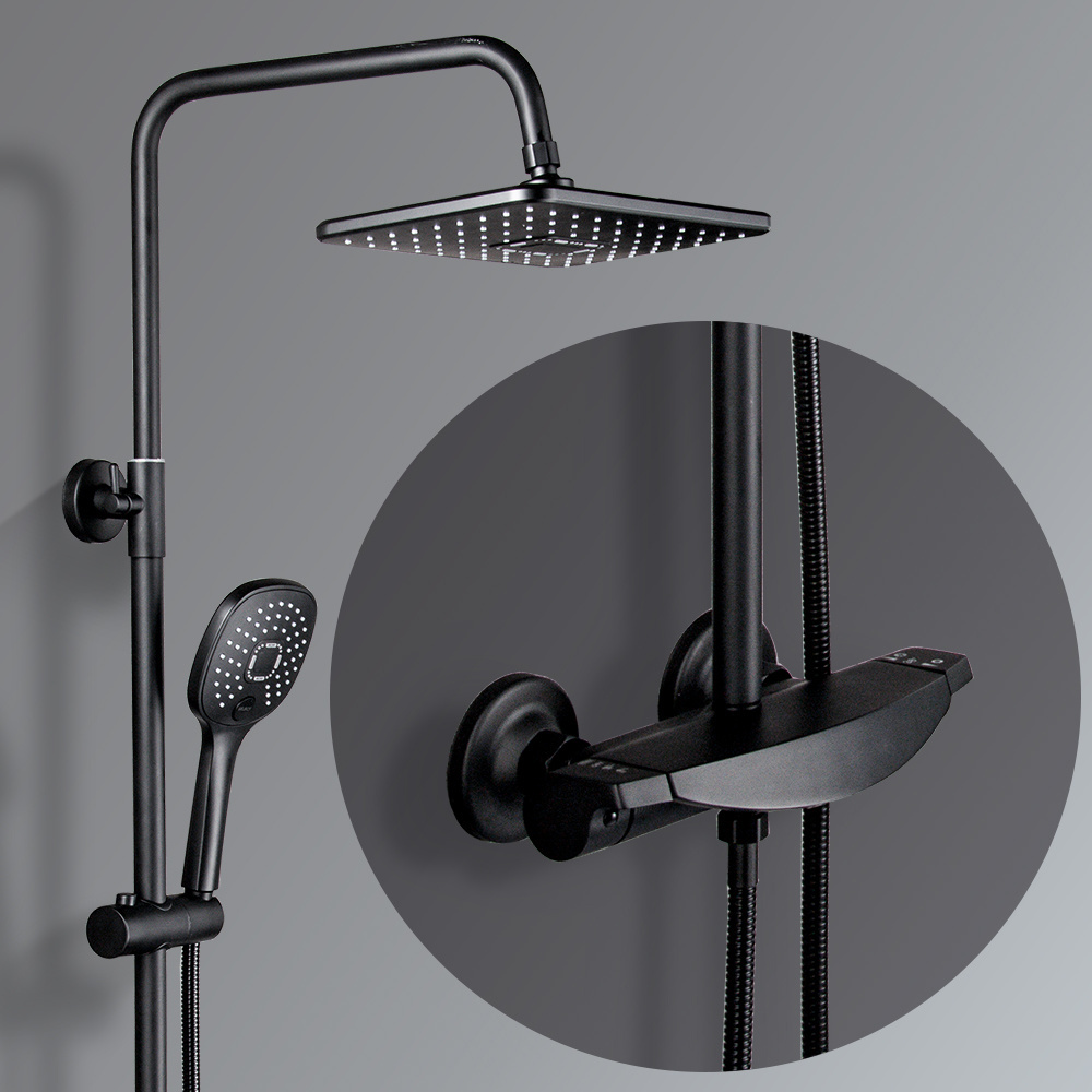 Exposed Wall Mounted 3 Functions Solid Brass Bathroom Broad Fall Style Shower Faucet Black Single Handle Shower Set