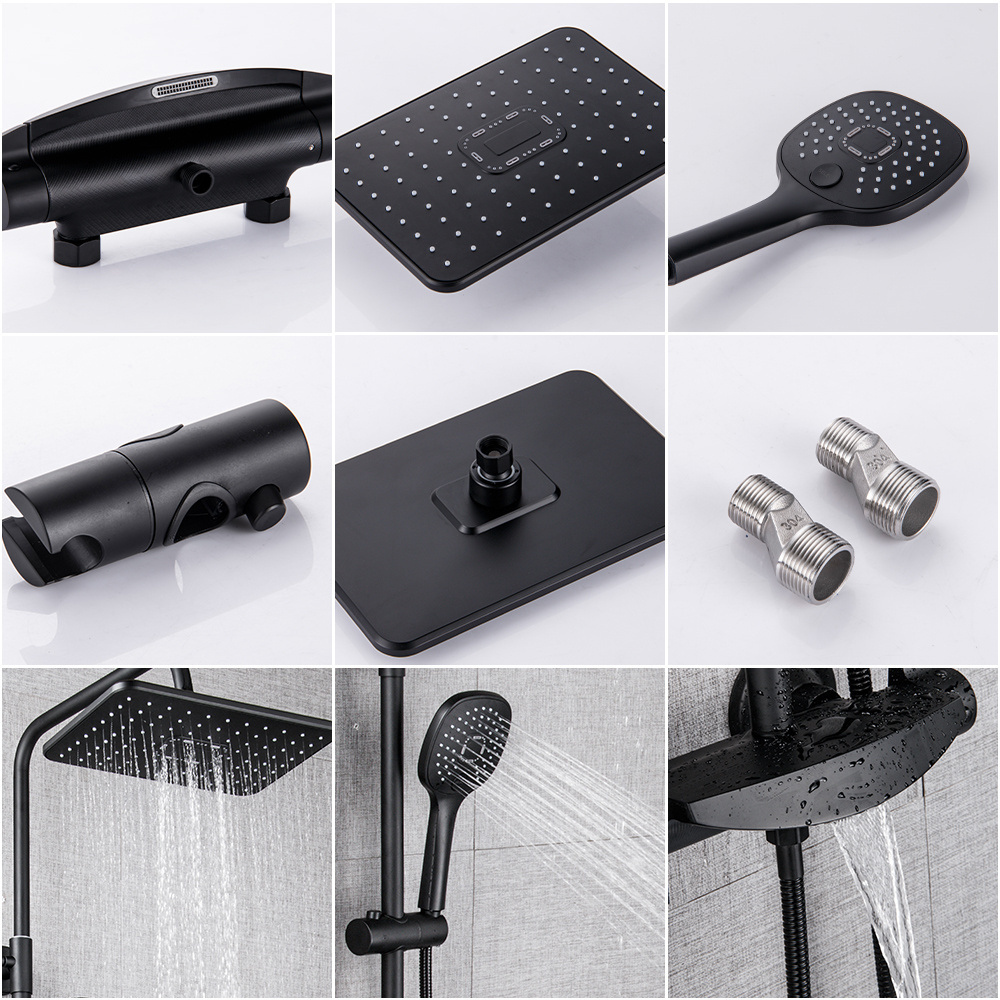 Exposed Wall Mounted 3 Functions Solid Brass Bathroom Broad Fall Style Shower Faucet Black Single Handle Shower Set