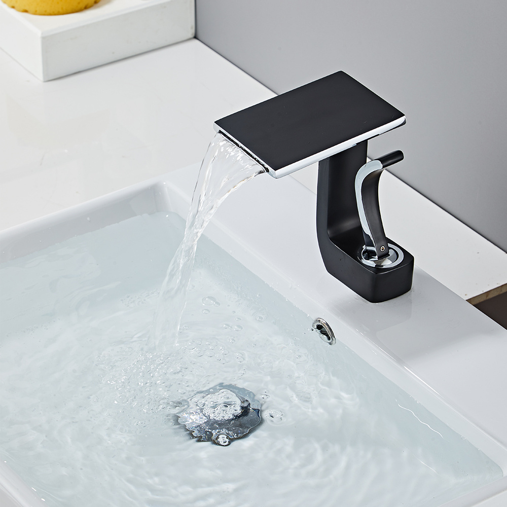 Black And White Brass Waterfall Bathroom Basin Faucet Cold Hot Mixer Crane Sink Tap Square Bathroom Faucet