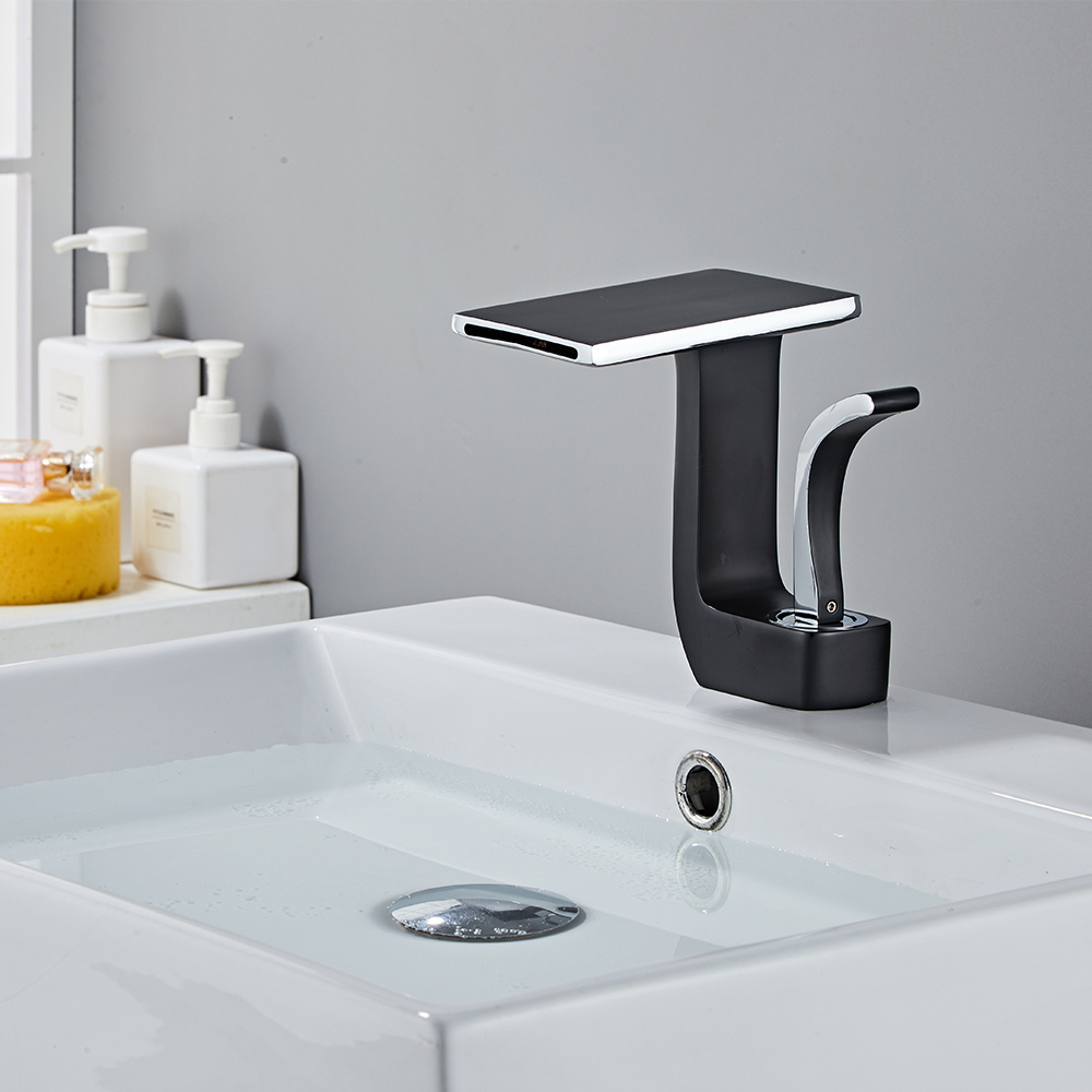 Black And White Brass Waterfall Bathroom Basin Faucet Cold Hot Mixer Crane Sink Tap Square Bathroom Faucet