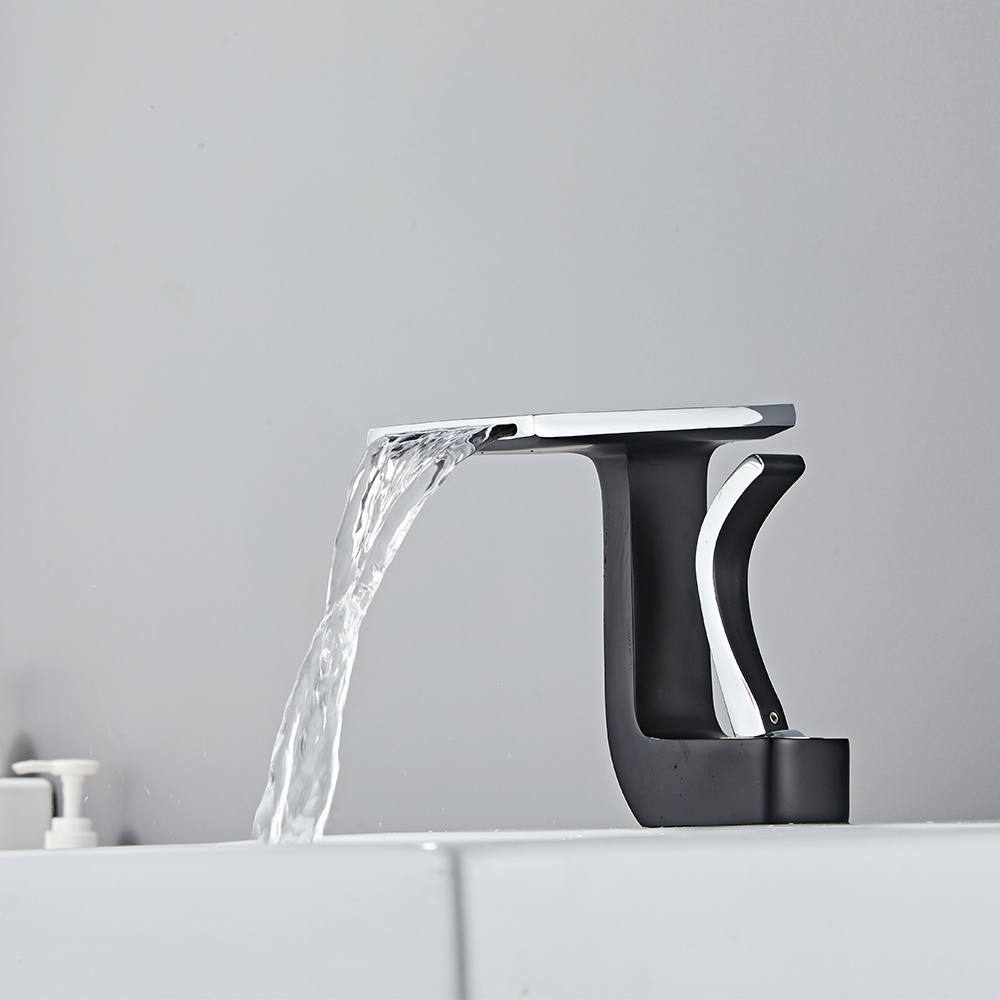 Black And White Brass Waterfall Bathroom Basin Faucet Cold Hot Mixer Crane Sink Tap Square Bathroom Faucet