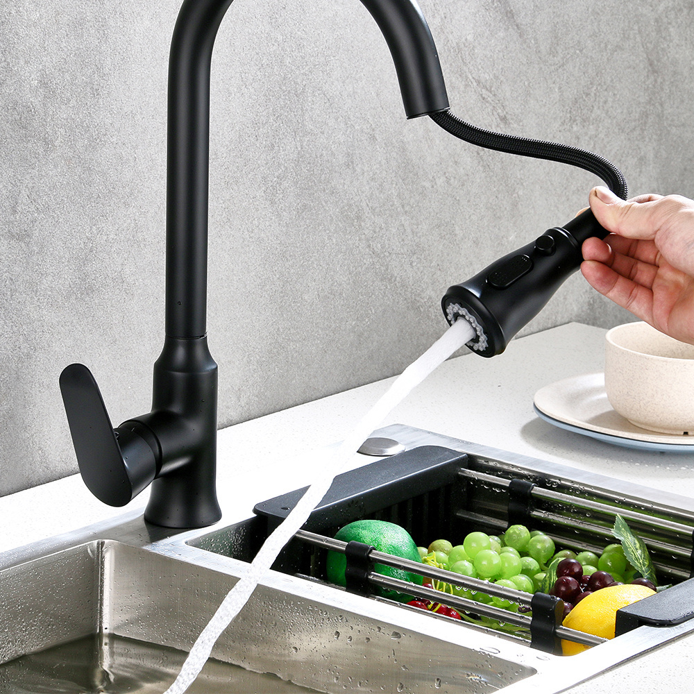 Modern Matte Black Kitchen Sink High Pressure Brass Rubber Pulldown Side Spray Kitchen Faucet Tap