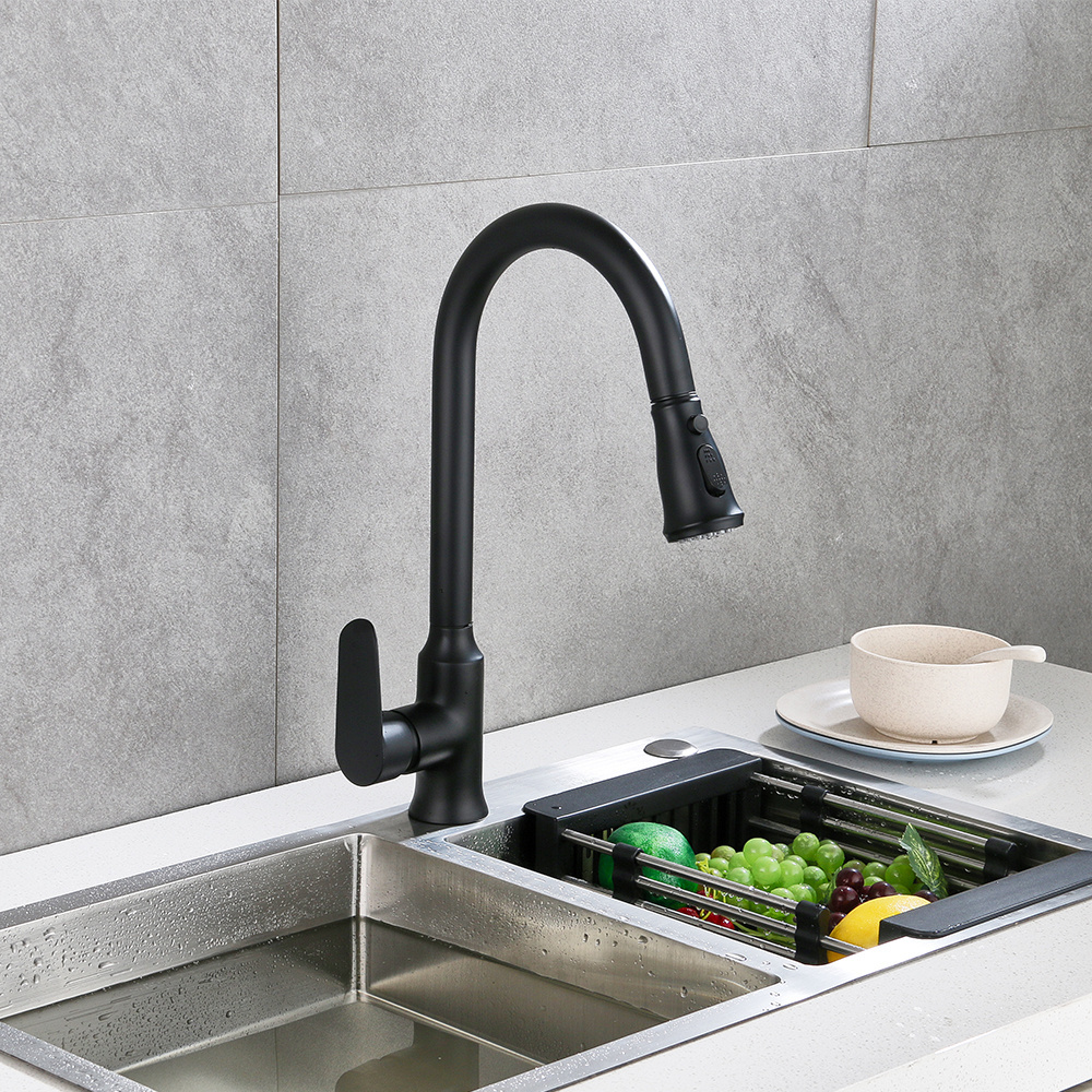 Modern Matte Black Kitchen Sink High Pressure Brass Rubber Pulldown Side Spray Kitchen Faucet Tap