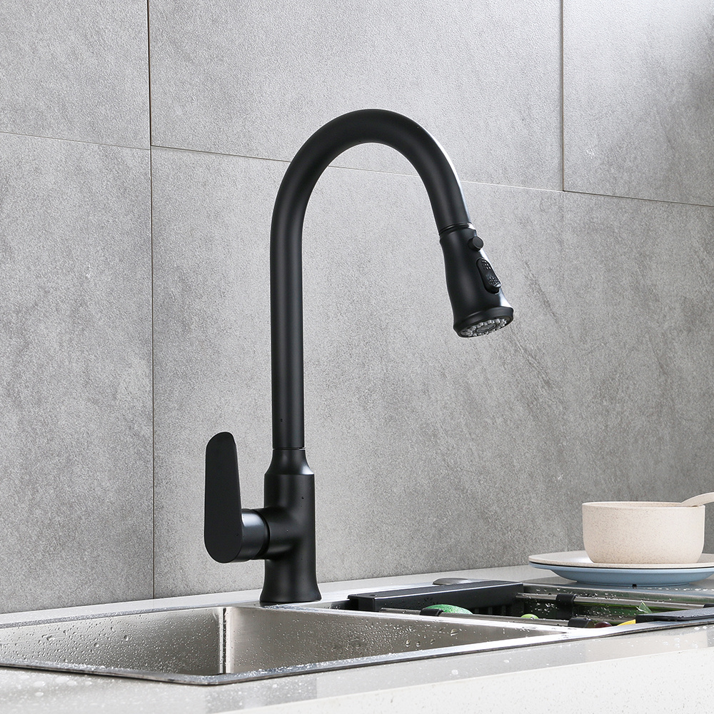 Modern Matte Black Kitchen Sink High Pressure Brass Rubber Pulldown Side Spray Kitchen Faucet Tap