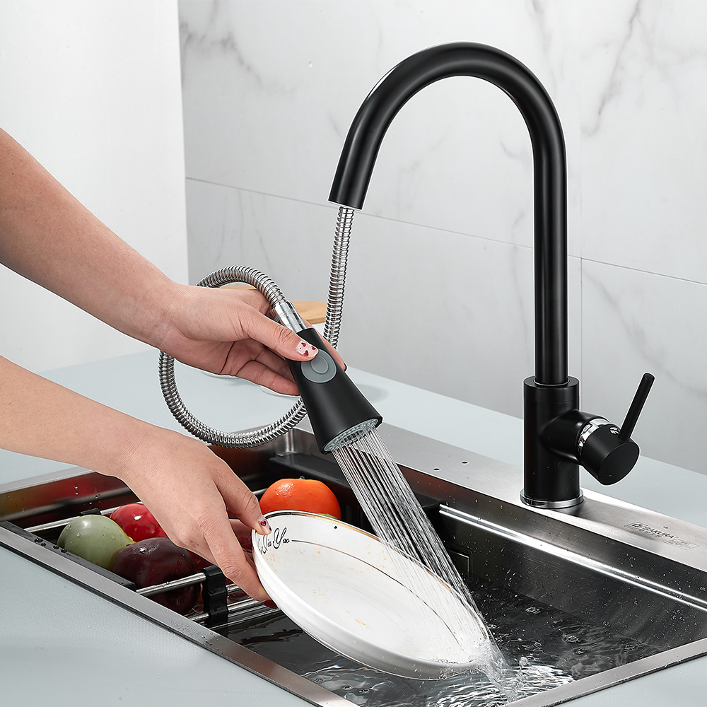 Modern Affordable Luxury Single Handle Brass Black Kitchen Faucet Kitchen Sink Faucet With Pull Out Sprayer