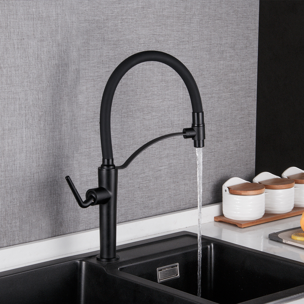 Deck Mount Silicone Pull Water Tap Black Brass Black Rubber Out Down Sink Water Single Handle Kitchen Faucet