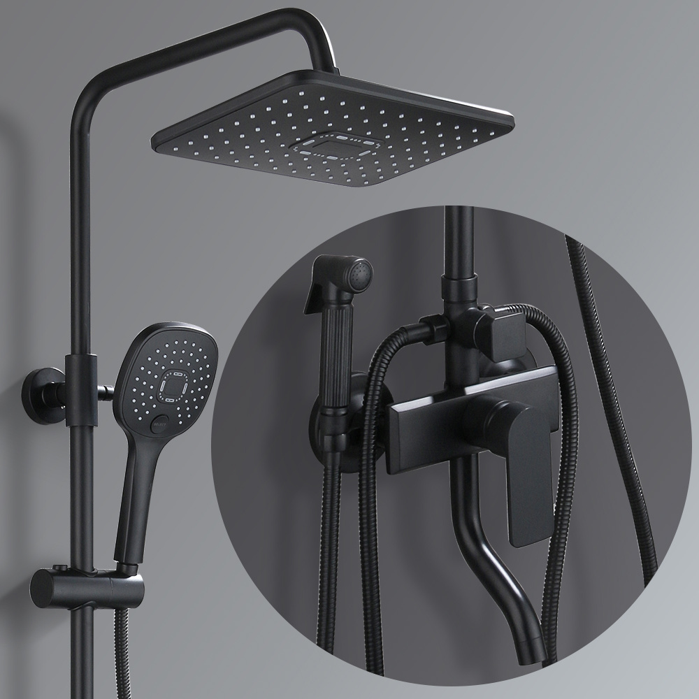 Factory Price Black Wall Mounted Shower Faucet Hot Cold Mixer Shower Faucet Set Rainfall Head And 4 Mode Hand Shower Faucet Set