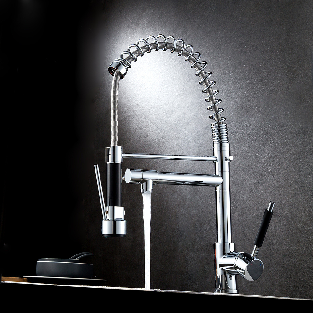 New Design Electroplated Spring Kitchen Faucet 360 Degrees Rotation Kitchen Faucet Double Handle Flexible Pull Sink Faucet