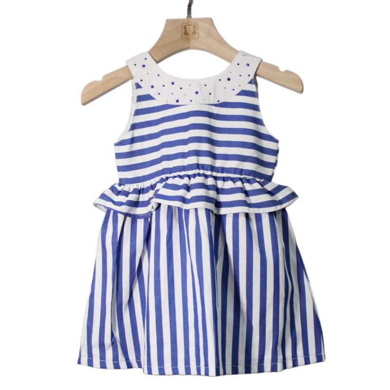 New design simple blue and white striped girl party dress Sleeveless print blue dream bow dress