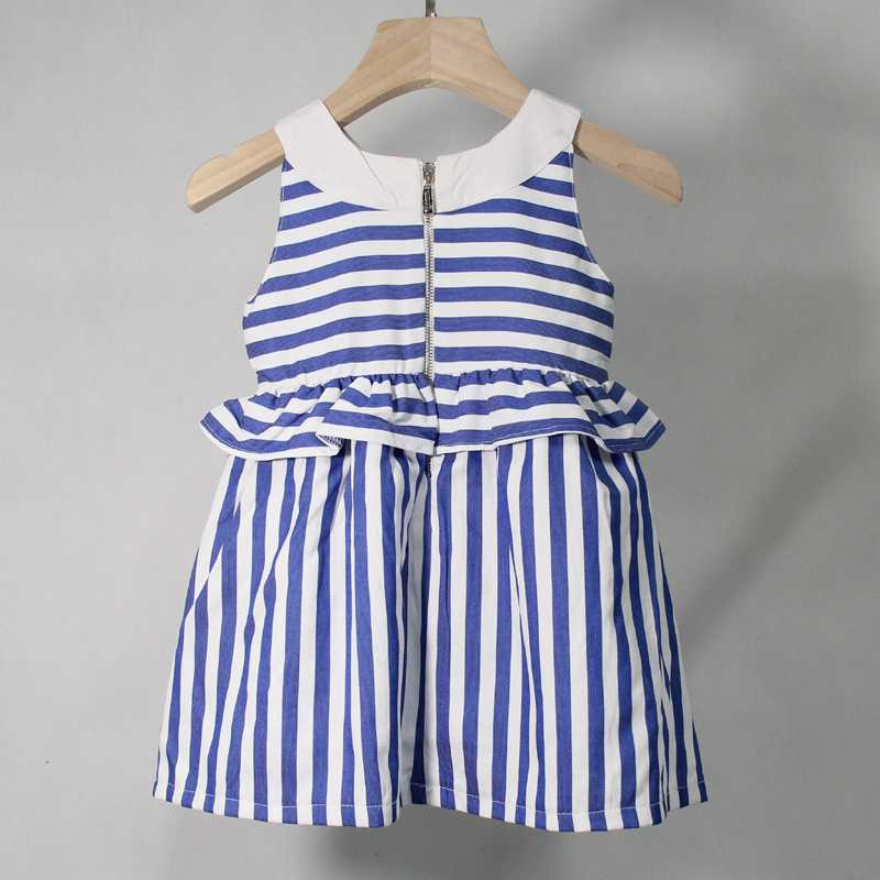 New design simple blue and white striped girl party dress Sleeveless print blue dream bow dress