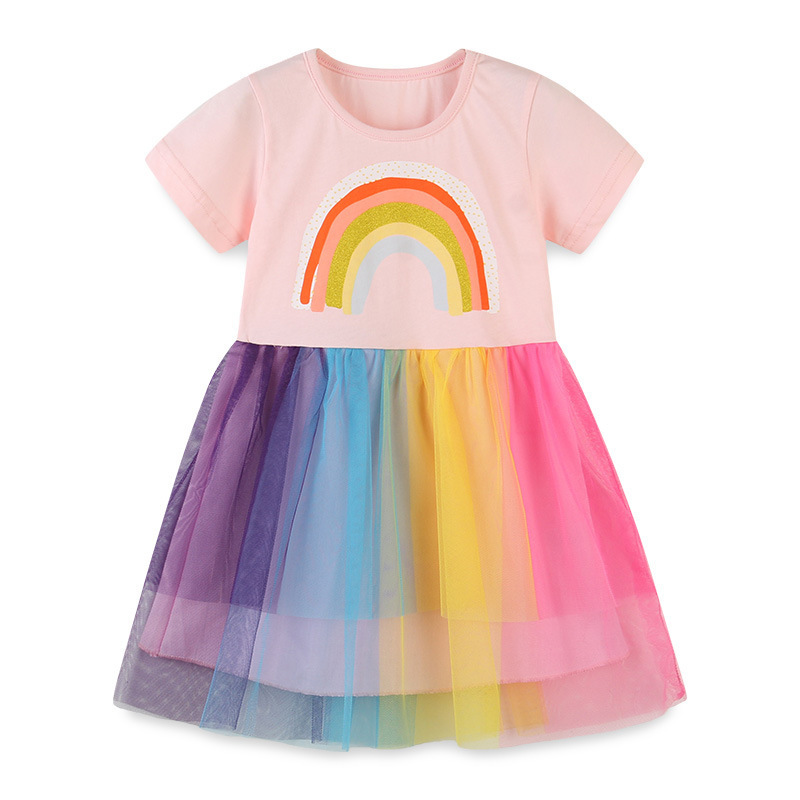 Summer Kids pink lace Princess dress Rainbow print dress Birthday party tulle christening dress