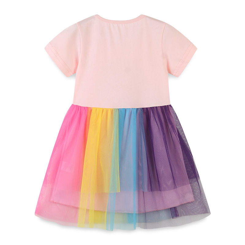 Summer Kids pink lace Princess dress Rainbow print dress Birthday party tulle christening dress