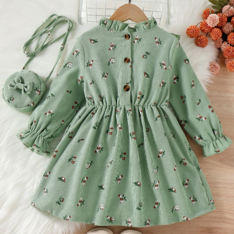 Toddler Baby Girl Dress Corduroy Ruffle Fall Winter Long Sleeve Floral Princess Kids Casual Dresses