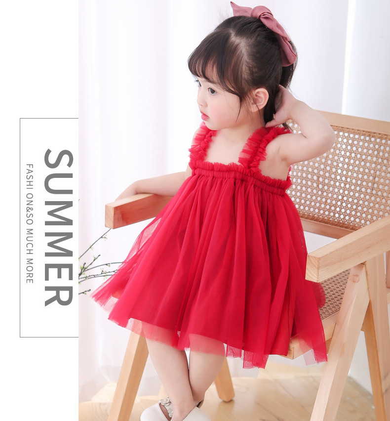 Toddlers casual ruffle smock red mesh dress Summer Beach sundress for baby girls