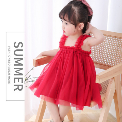 Toddlers casual ruffle smock red mesh dress Summer Beach sundress for baby girls