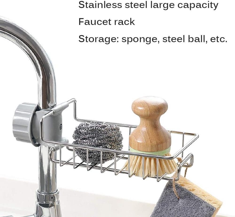 Kitchen Faucet Sponge Holder, Stainless Steel Storage Rack Hanging Sink Caddy Organizer for Scrubbers, Soap