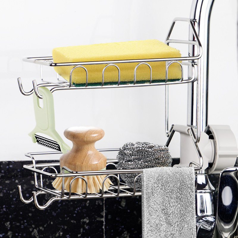 Kitchen Faucet Sponge Holder, Stainless Steel Storage Rack Hanging Sink Caddy Organizer for Scrubbers, Soap