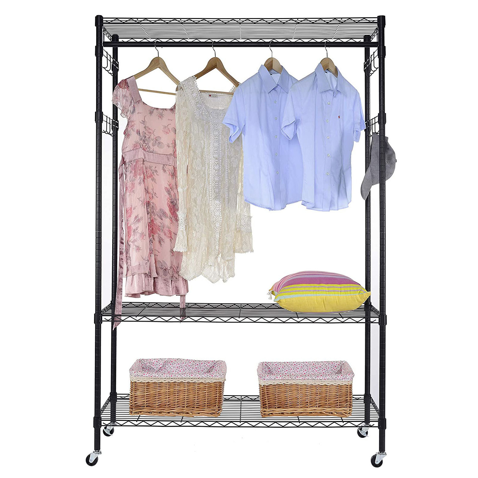 Heavy Duty Wire Shelving Garment Rack with Wheels Rolling Clothes Rack with Shelves