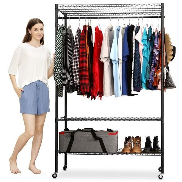 Heavy Duty Wire Shelving Garment Rack with Wheels Rolling Clothes Rack with Shelves