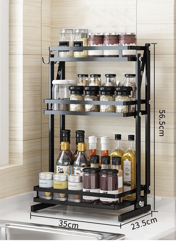 3-Tier Kitchen Countertop Foldable Spice Rack Stainless Steel Collapsible Organizer  Counter Storage Shelf Black