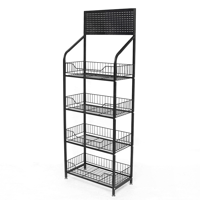 Floor 4 tier Supermarket shelf grocery store snack display rack with pegboard