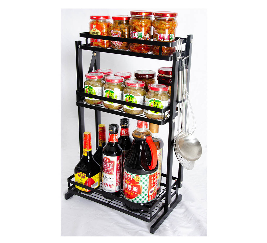 3-Tier Kitchen Countertop Foldable Spice Rack Stainless Steel Collapsible Organizer  Counter Storage Shelf Black