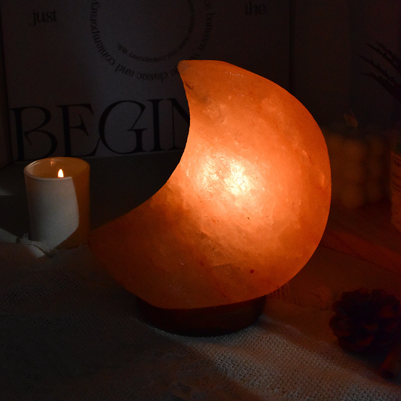 Handcrafted Wooden Base Himalayan Moon Pink Crystal Rock Salt Night Light Lamp with  Light Bulb