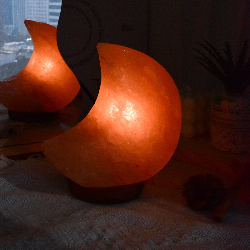 Handcrafted Wooden Base Himalayan Moon Pink Crystal Rock Salt Night Light Lamp with  Light Bulb