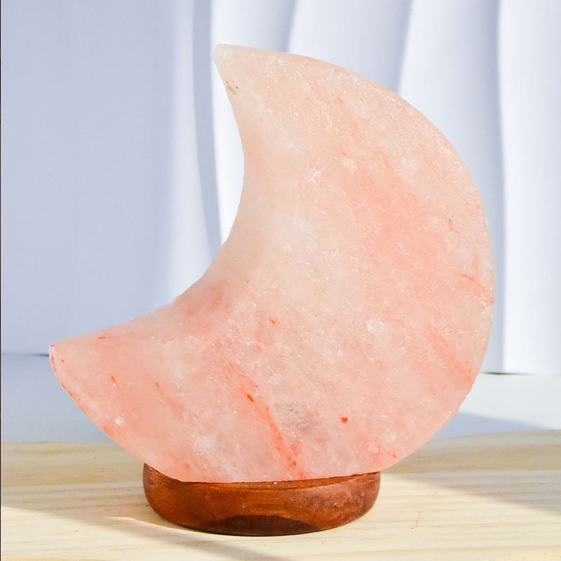 Handcrafted Wooden Base Himalayan Moon Pink Crystal Rock Salt Night Light Lamp with  Light Bulb