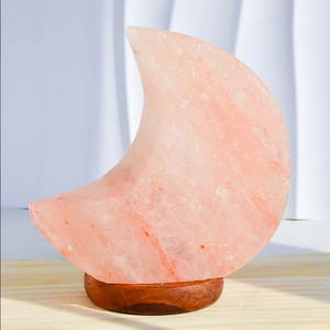 Handcrafted Wooden Base Himalayan Moon Pink Crystal Rock Salt Night Light Lamp with  Light Bulb