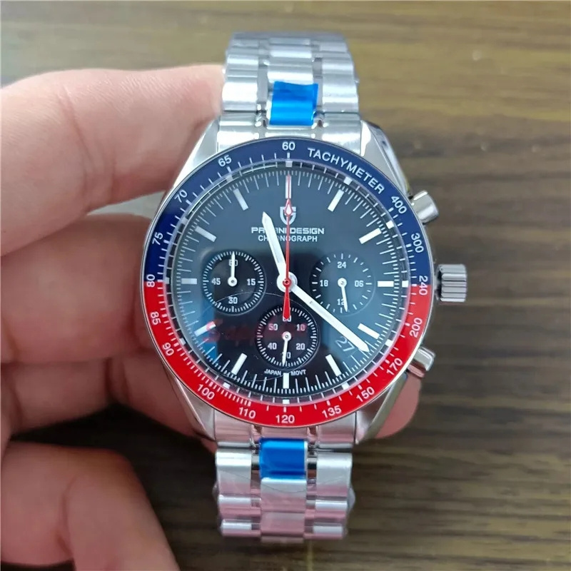 Hot selling PAGAN IDESIGN 1701 New Red and Blue Circle Fashion Men's Quartz Watch Japan TMI VK63 Sapphire Stainless Steel Watch