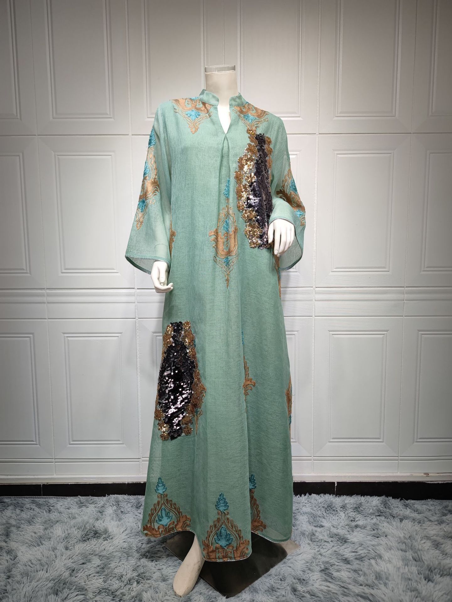 Bicomfort Elegant and Casual Mesh Sequins Embroidered Flower Abaya Plus Size Women's Maxi Dress for Muslim Ladies in Dubai