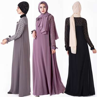 Islamic Women's Plus Size Abaya Ramadan Dress with Gauze Skirt Lace Middle East Robe Long Skirt for Muslim Women