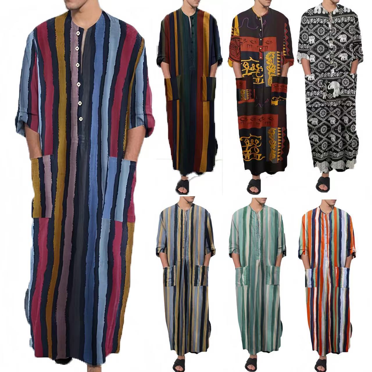 Hot Selling Cotton Khamis Arab Islamic Clothing Daffah Robe Stripe Thobe with Pocket Adults Men's Muslim Abaya Moroccan Thobe