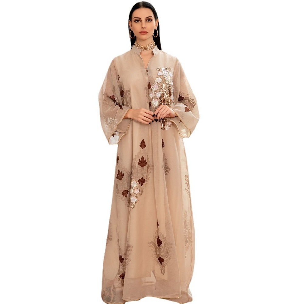 Bicomfort Elegant and Casual Mesh Sequins Embroidered Flower Abaya Plus Size Women's Maxi Dress for Muslim Ladies in Dubai