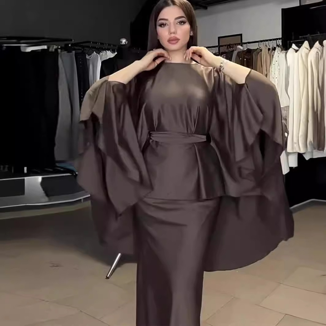 Adults Two-Piece Summer Bat Sleeve Satin Brown Muslim Abaya Belt Solid Polyester Breathable Plus Size Embossed Hand Drawn