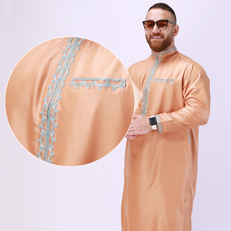 Factory Custom 2-Piece Chiffon Moroccan Thobe for Adults Embroidered Polyester Arab Muslim Abaya with Standing Collar Wholesale