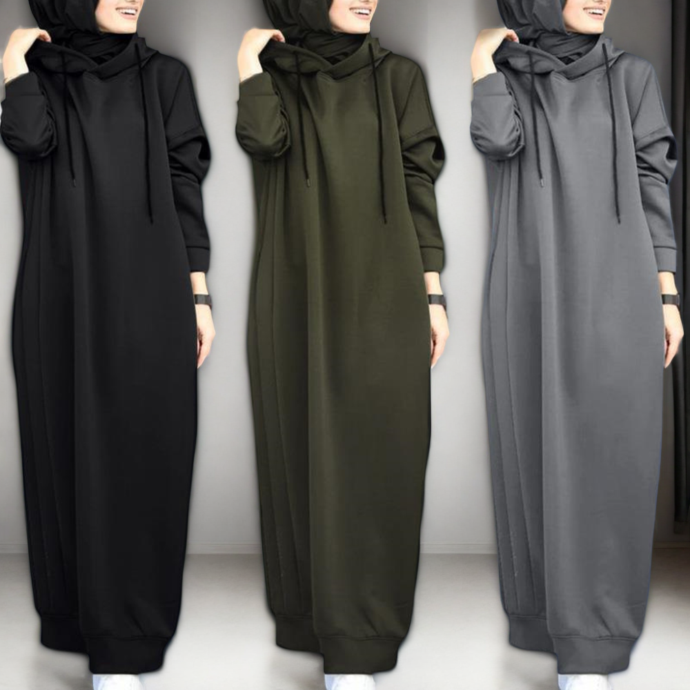 Fashion Warm Malaysia Fleece Hoodie Islamic Women EID Chiffon Abaya Thick Fleece Long Sleeve Hooded Muslim Dress Abaya