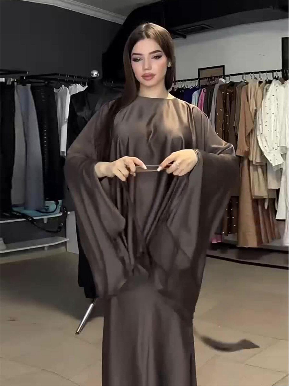 Adults Two-Piece Summer Bat Sleeve Satin Brown Muslim Abaya Belt Solid Polyester Breathable Plus Size Embossed Hand Drawn