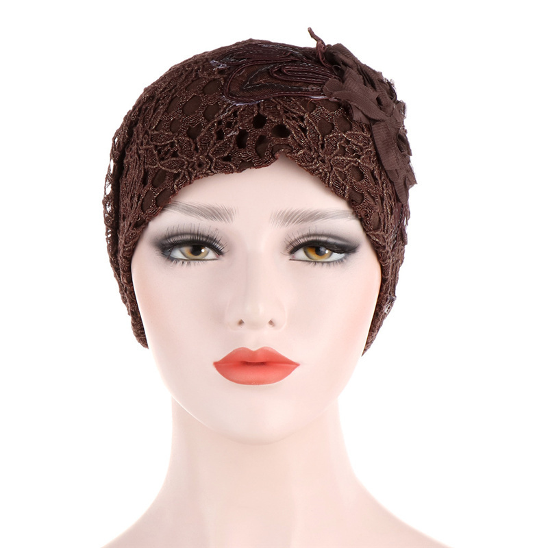 Wholesale Fashion Ladies Lace Turban Glitter Lace Flower Gold Silk Edging Sequin Muslim Turbans Hat