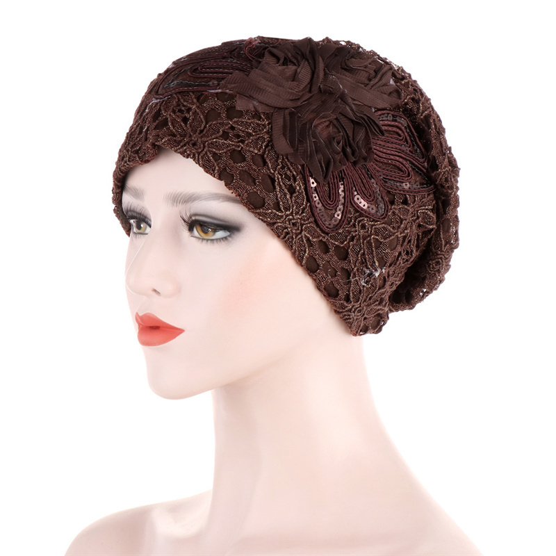 Wholesale Fashion Ladies Lace Turban Glitter Lace Flower Gold Silk Edging Sequin Muslim Turbans Hat