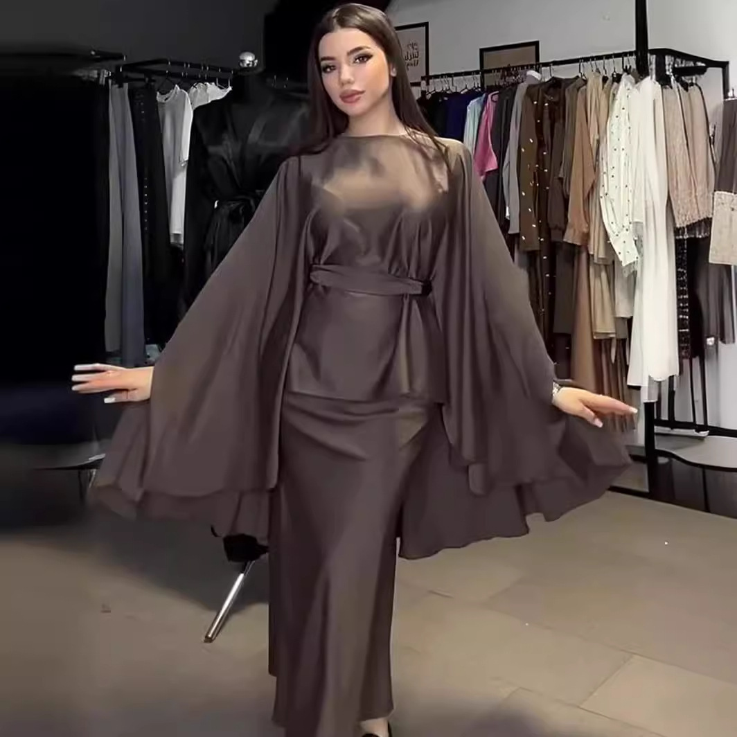 Adults Two-Piece Summer Bat Sleeve Satin Brown Muslim Abaya Belt Solid Polyester Breathable Plus Size Embossed Hand Drawn