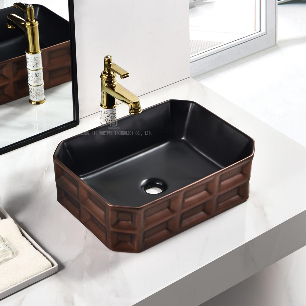 Hot selling new design rectangular porcelain bathroom black and gold sink washing art basin