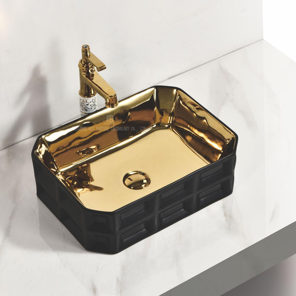 Hot selling new design rectangular porcelain bathroom black and gold sink washing art basin