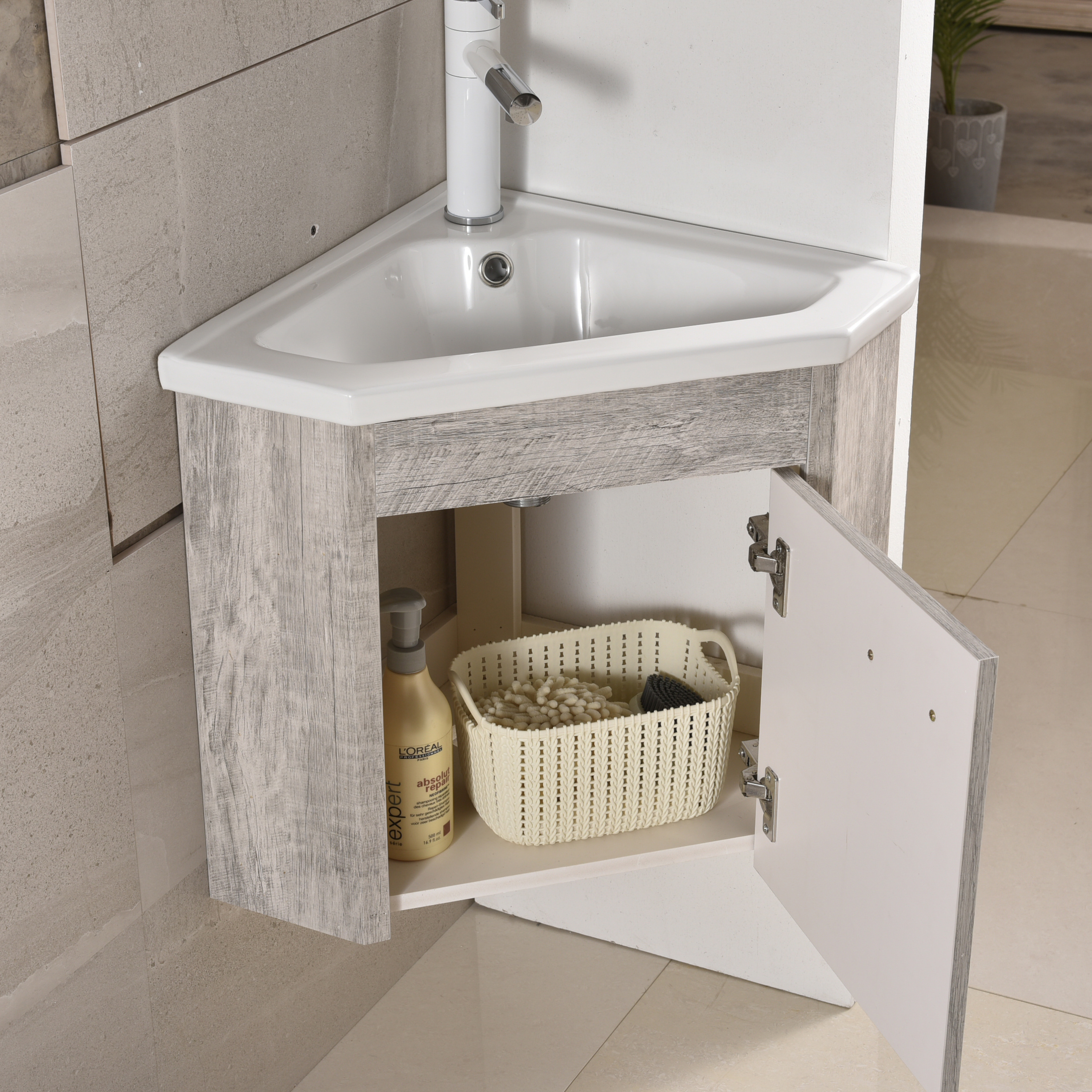 Modern triangle corner mini bathroom cabinets wall mounted pvc bathroom vanity with sink and mirror