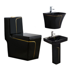 Modern style luxury wall hung basin pedestal sink one piece black toilet bowl bathroom ceramic toilet set